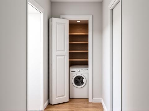 A compact laundry nook expertly concealed behind elegant bi-fold doors in a small apartment hallway.